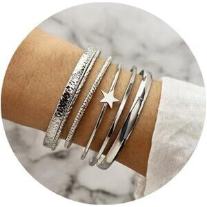 6 Silver Bangle Bracelets for Women, Multi Layer Stackable Cuff Bracelet Set,